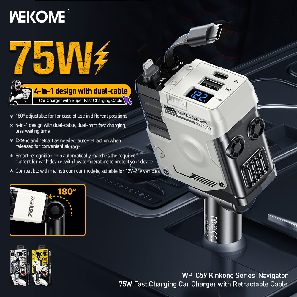 WEKOME WP-C59 75W Car Charger – Retractable Cable & Dual Port Fast Charge