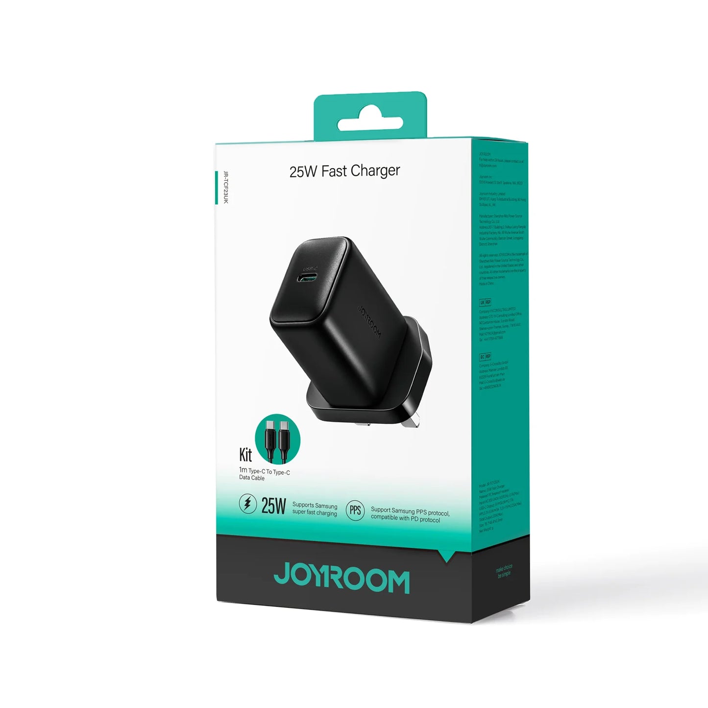 Joyroom 25W Fast Charger with USB-C to C Cable (1m) – UK Plug, Black (JR-TCF23)