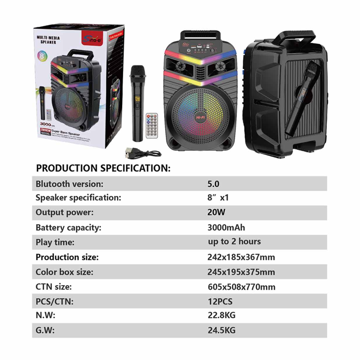 Sing-e ZQS8182W Portable Wireless Speaker – Deep Bass, RGB Light, Black