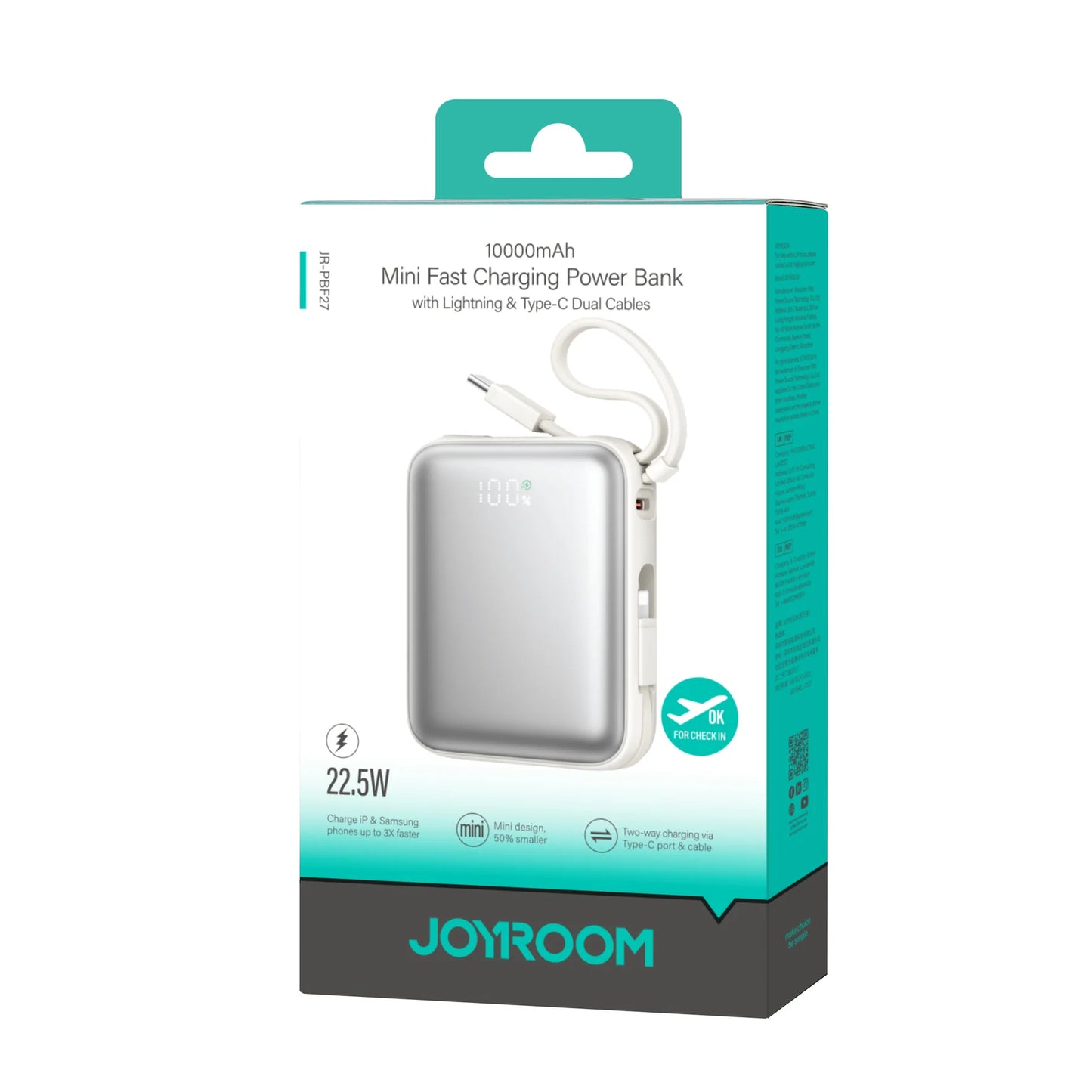 Joyroom JR-PBF27 10000mAh Mini Power Bank – 22.5W Fast Charging, Built-in Dual Cables