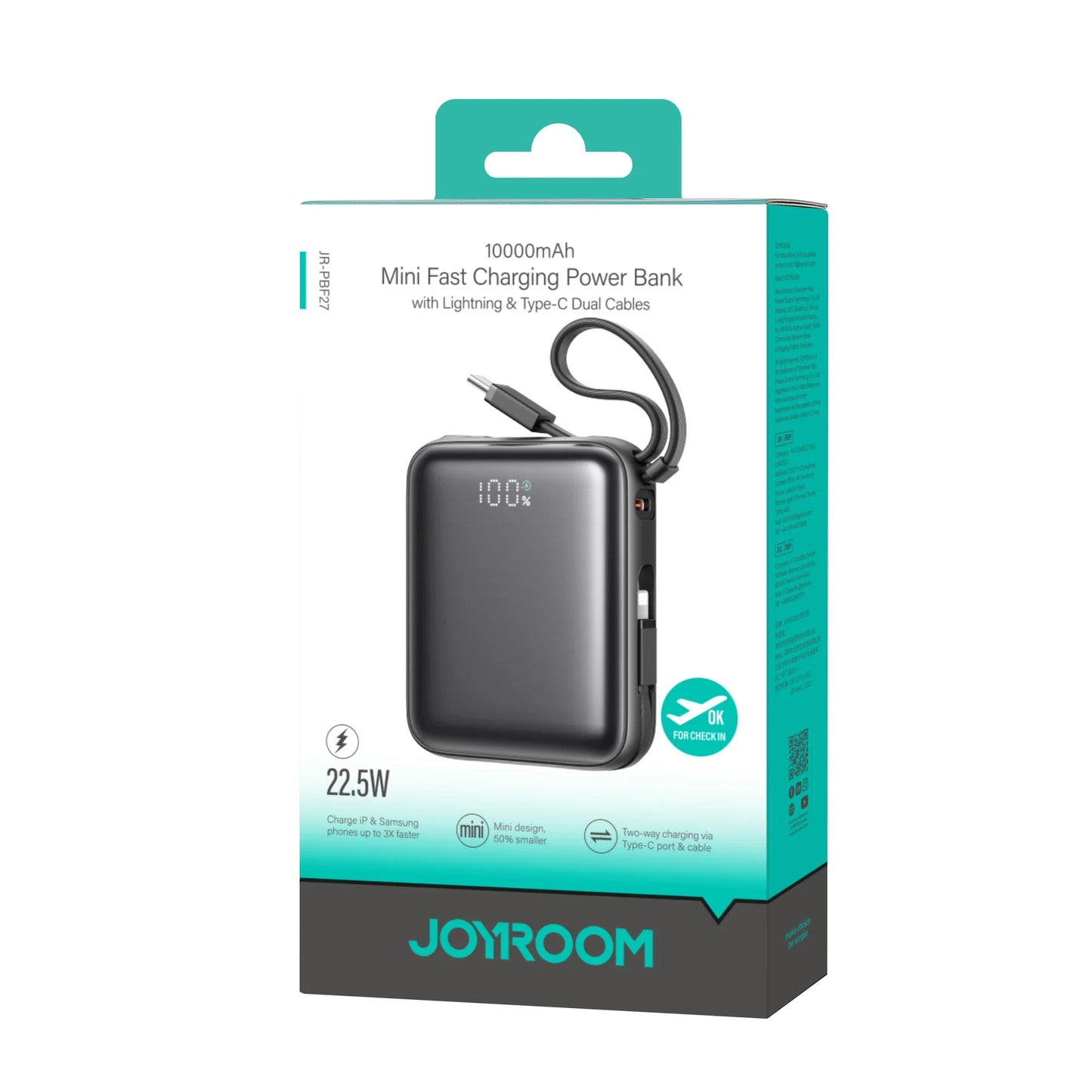 Joyroom JR-PBF27 10000mAh Mini Power Bank – 22.5W Fast Charging, Built-in Dual Cables