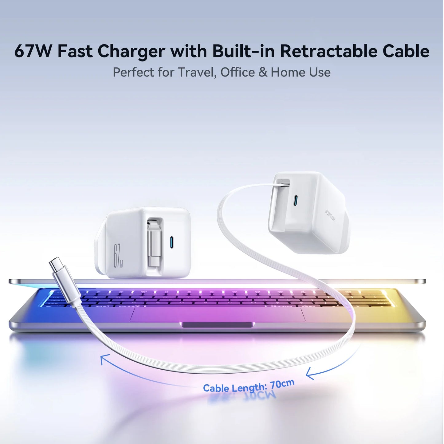 Joyroom 67W GaN Fast Charger with Retractable Cable – UK Plug, White (JR-TCL06)