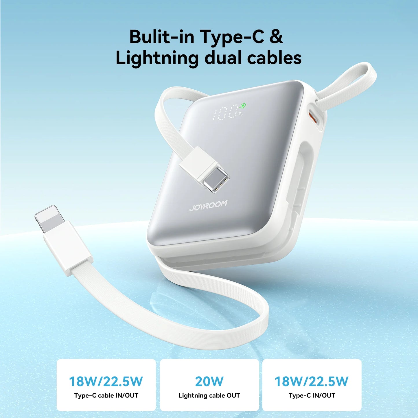 Joyroom JR-PBF27 10000mAh Mini Power Bank – 22.5W Fast Charging, Built-in Dual Cables