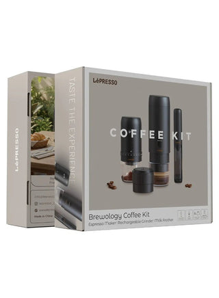 Lepresso Brewology Coffee Kit (Espresso Maker, Rechargeable Grinder & Milk Frother) - Black