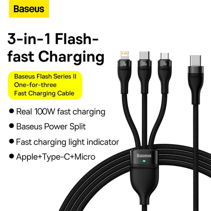 Baseus Flash Series Ⅱ One-For-Three Fast Charging Cable Type-C to M+L+C 100W - Saif Al Najmi Kw