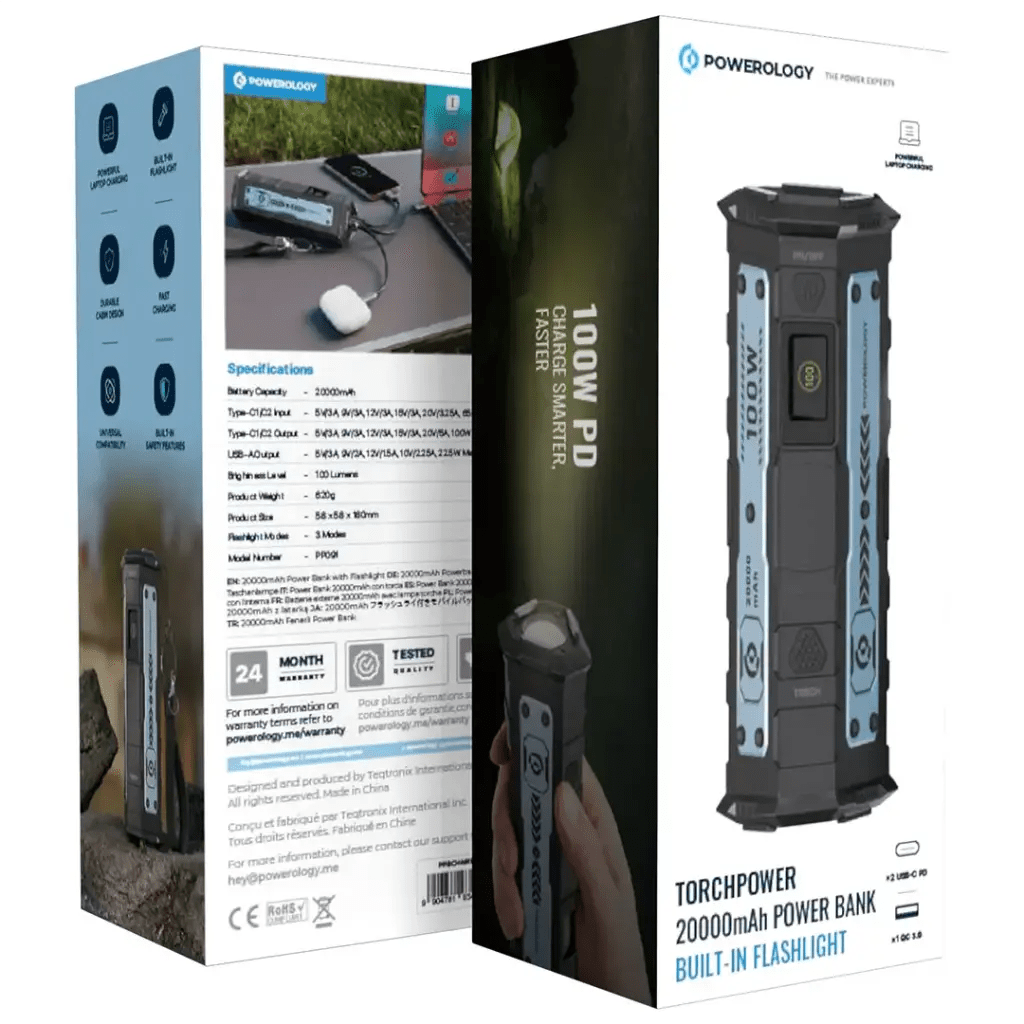 20000mAh Powerology TorchPower Bank 100W Built - In Flashlight - Saif Al Najmi KwPower BankPowerologySaif Al Najmi Kw20000mAh Powerology TorchPower Bank 100W Built - In Flashlight