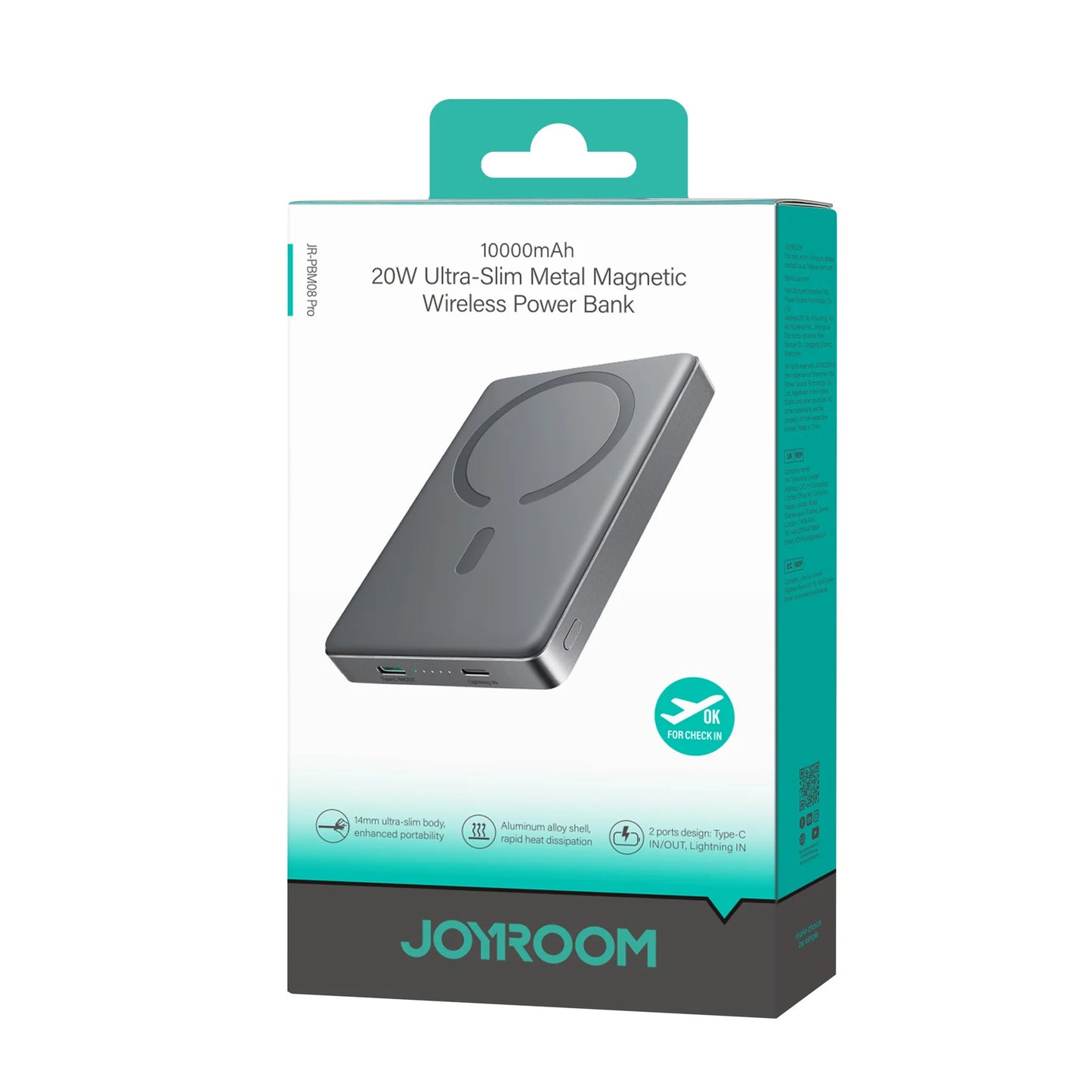 Joyroom JR-PBM08 Pro 10000mAh Ultra-Slim Magnetic Wireless Power Bank – 20W, Space Grey