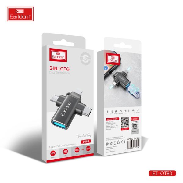 Earldom® 3in1 Converter USB 3.0 OTG to microUSB / Lightning / USB-C- Black OT80 - Saif Al Najmi Kw