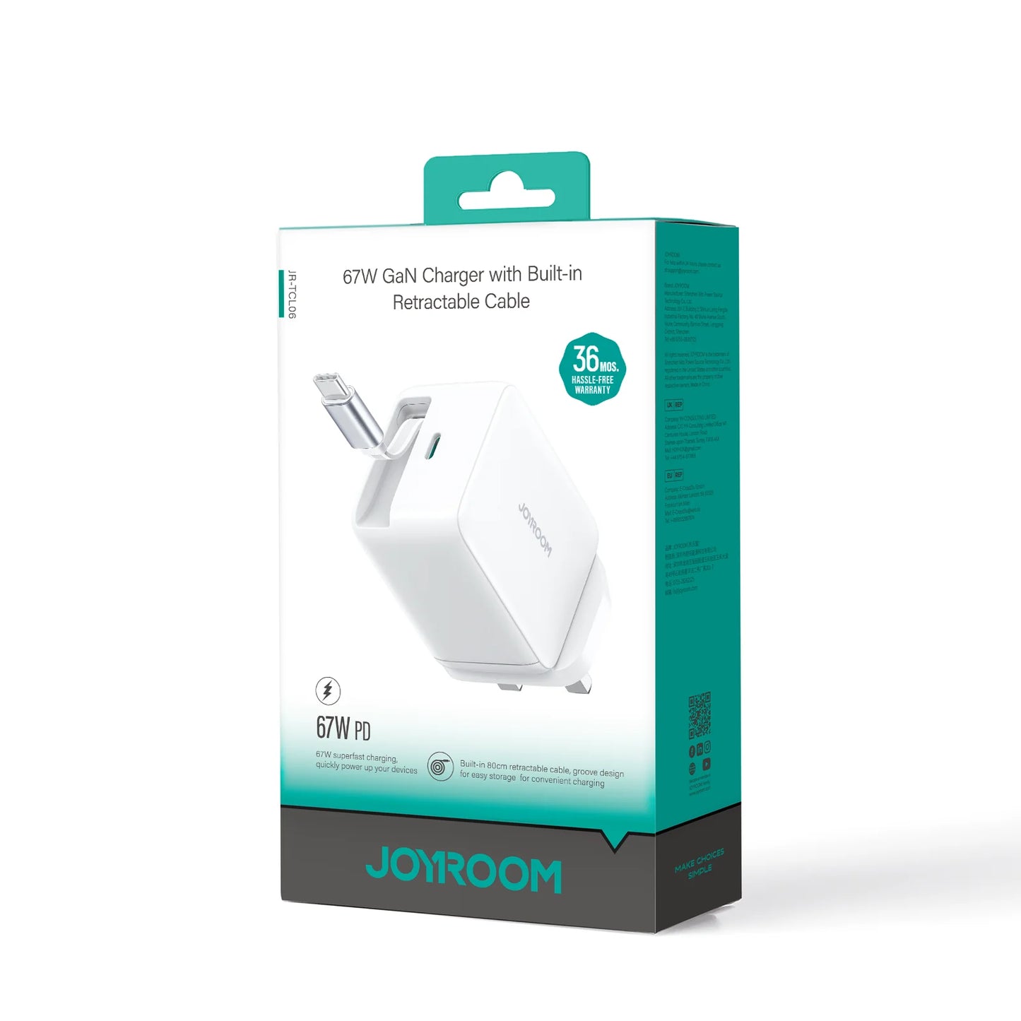 Joyroom 67W GaN Fast Charger with Retractable Cable – UK Plug, White (JR-TCL06)
