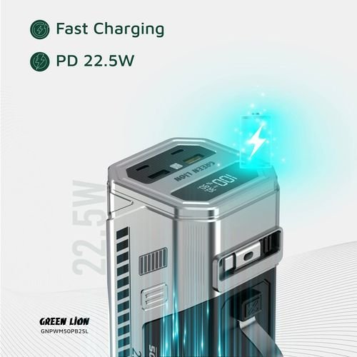 50,000mAh Power Bank Green Lion Power Max 22.5W Fast Charging - Silver - Saif Al Najmi KwPOWER STATIONGreen LionSaif Al Najmi Kw50,000mAh Power Bank Green Lion Power Max 22.5W Fast Charging - Silver