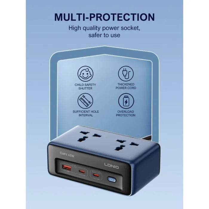LDNIO 45W GaN Power Strip – 2 Outlets + 3 USB Ports