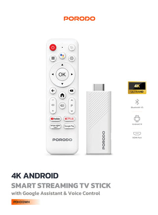 4K Android Smart Streaming TV Stick with Google Assistant & Voice Control / 16GB Internal Storage / RAM 2GB DDR3 / HDMI Port / Plug & Play Setup / Dual Band Wi-Fi - White