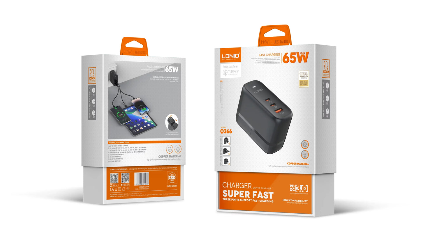 LDNIO Q366 65W GaN Super Fast Charger – Dual Type-C + USB Port