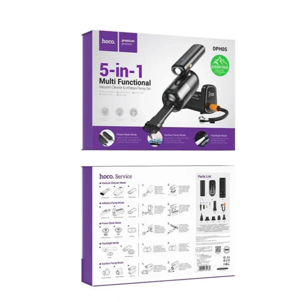 Hoco Cool 5-in-1 Multifunctional Vacuum Cleaner & Air Pump Black DPH05 - Saif Al Najmi Kw