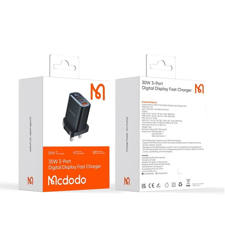 Mcdodo CH-2170 30W 3-Port Digital Display Fast Charger - Saif Al Najmi Kw
