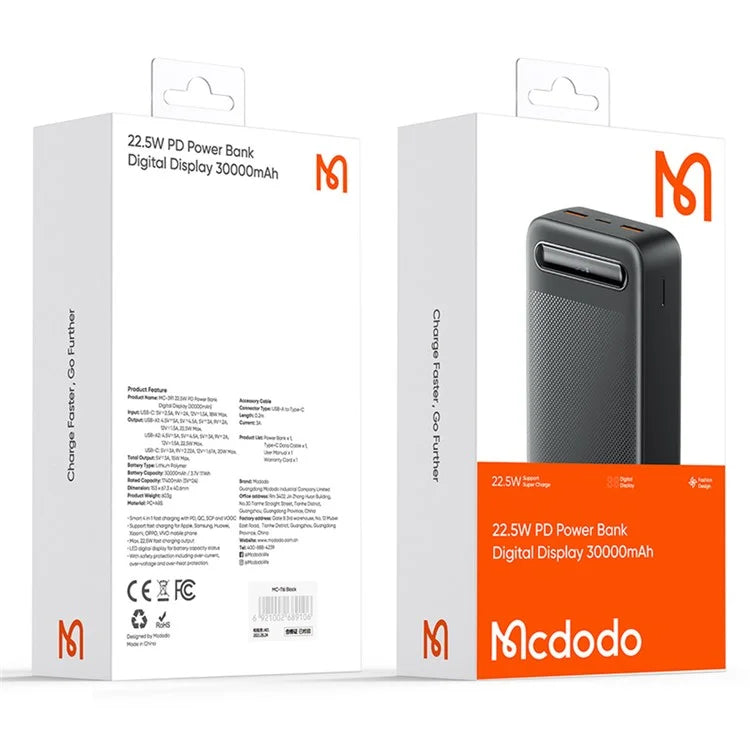 MCDODO MC-391 30000mAh Power Bank – 22.5W PD Fast Charging with Digital Display