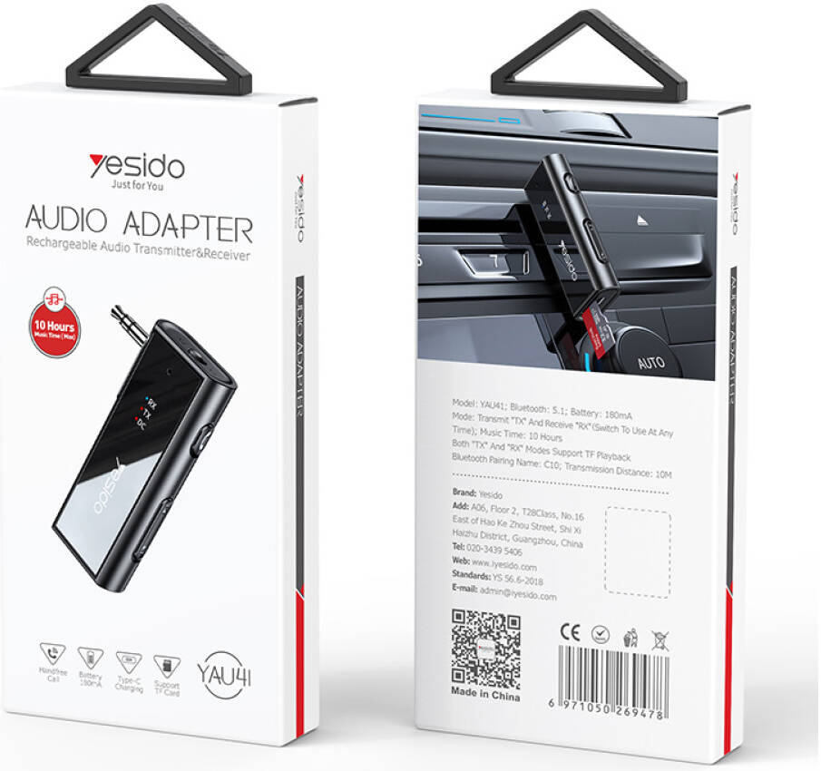 Yesido YAU41 Bluetooth 5.1 Transmitter & Receiver Adapter – AUX + Type-C (Black)