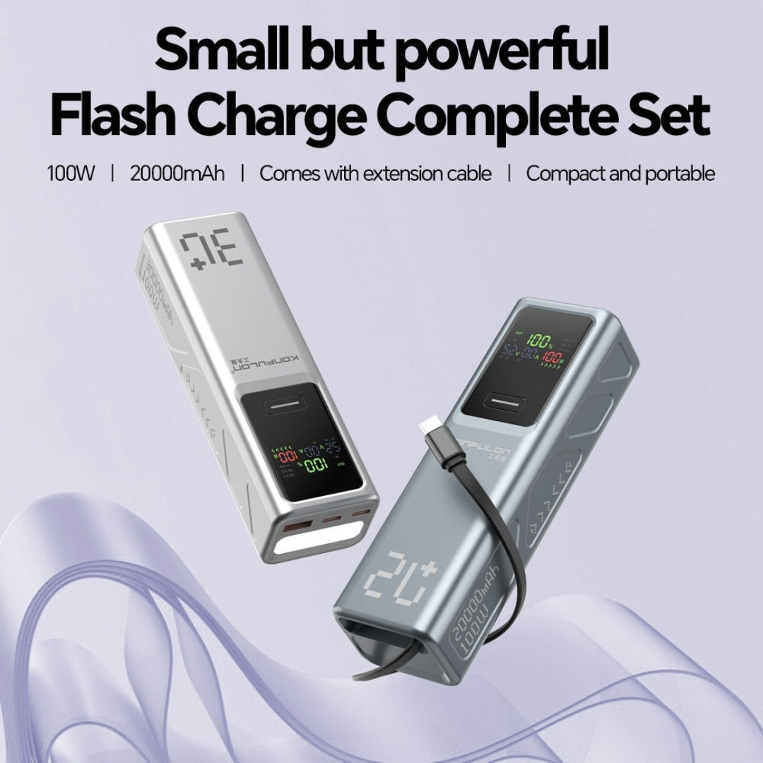 Konfulon A71Q 20000mAh 100W Fast Charging Power Bank with Built-In Type-C Cable & Digital Display