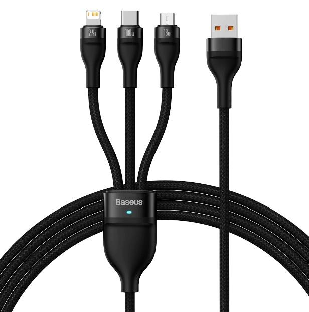 كابل شحن سريع Baseus Flash Series 2 One-For-Three من النوع C إلى M+L+C بقوة 100 وات