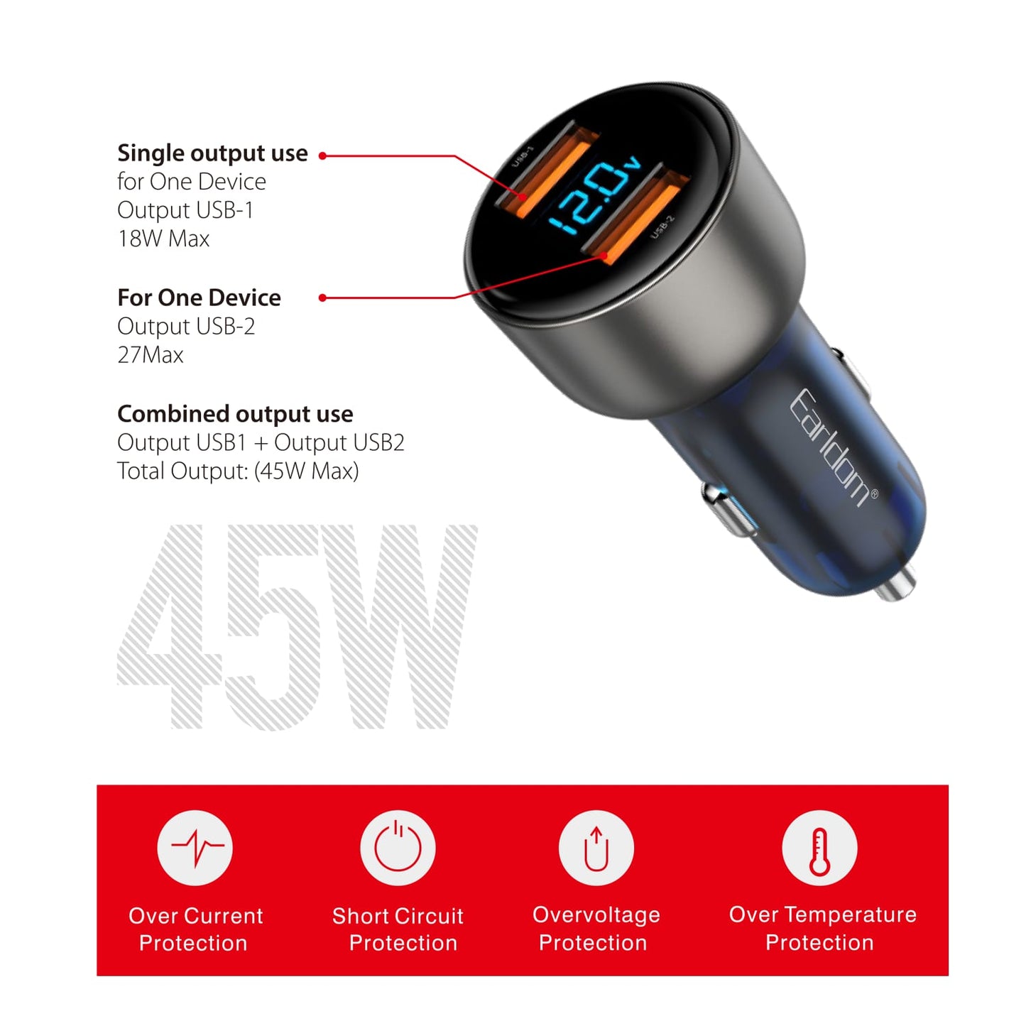 Earldom CC9 Digital Display Car Charger 45W - Saif Al Najmi Kw