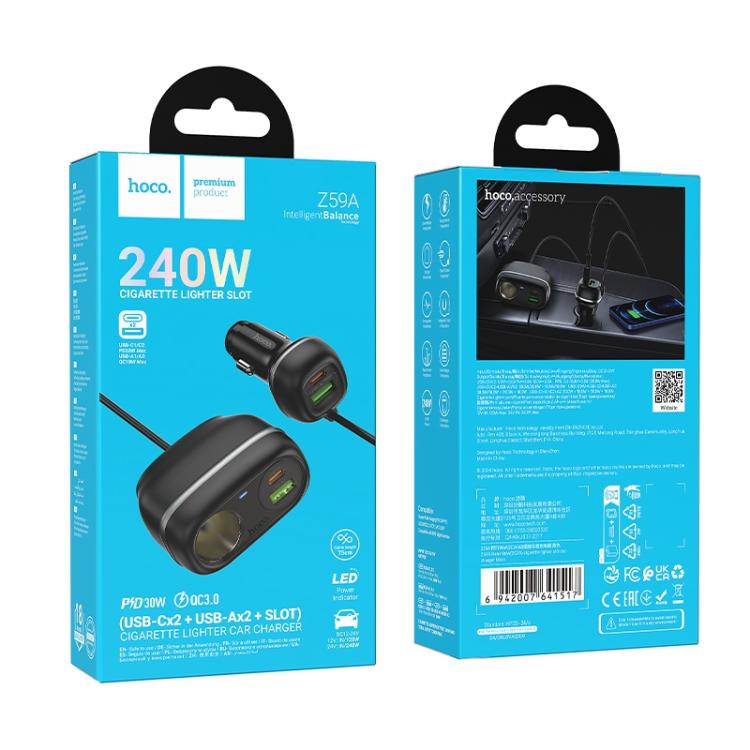 HOCO Z59A Dual PD30W + Dual QC3.0 Car Charger – 4-Port Cigarette Lighter Power Adapter