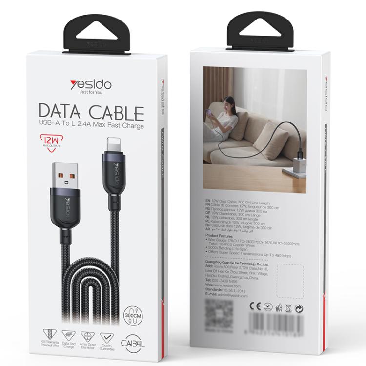 Yesido CA134L USB to 8-Pin Charging Data Cable – 3M, 12W (Black)