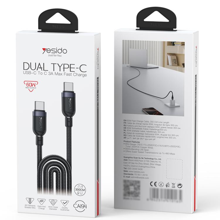 Yesido CA194 USB-C to USB-C Charging & Data Cable – 60W, 3m (Black)