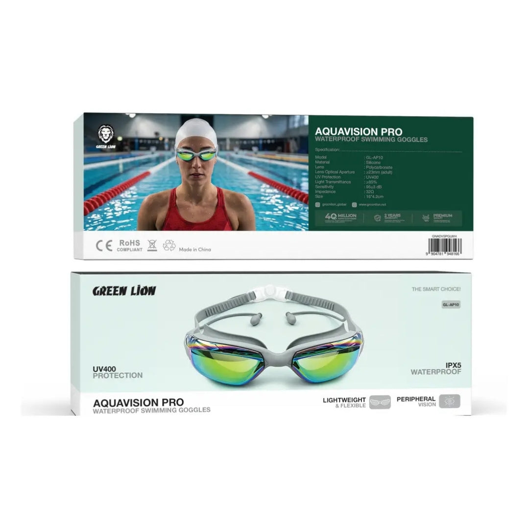 Green Lion AquaVision Pro Waterproof Swimming Goggles with UV400 & Anti-Fog Lens – Gray