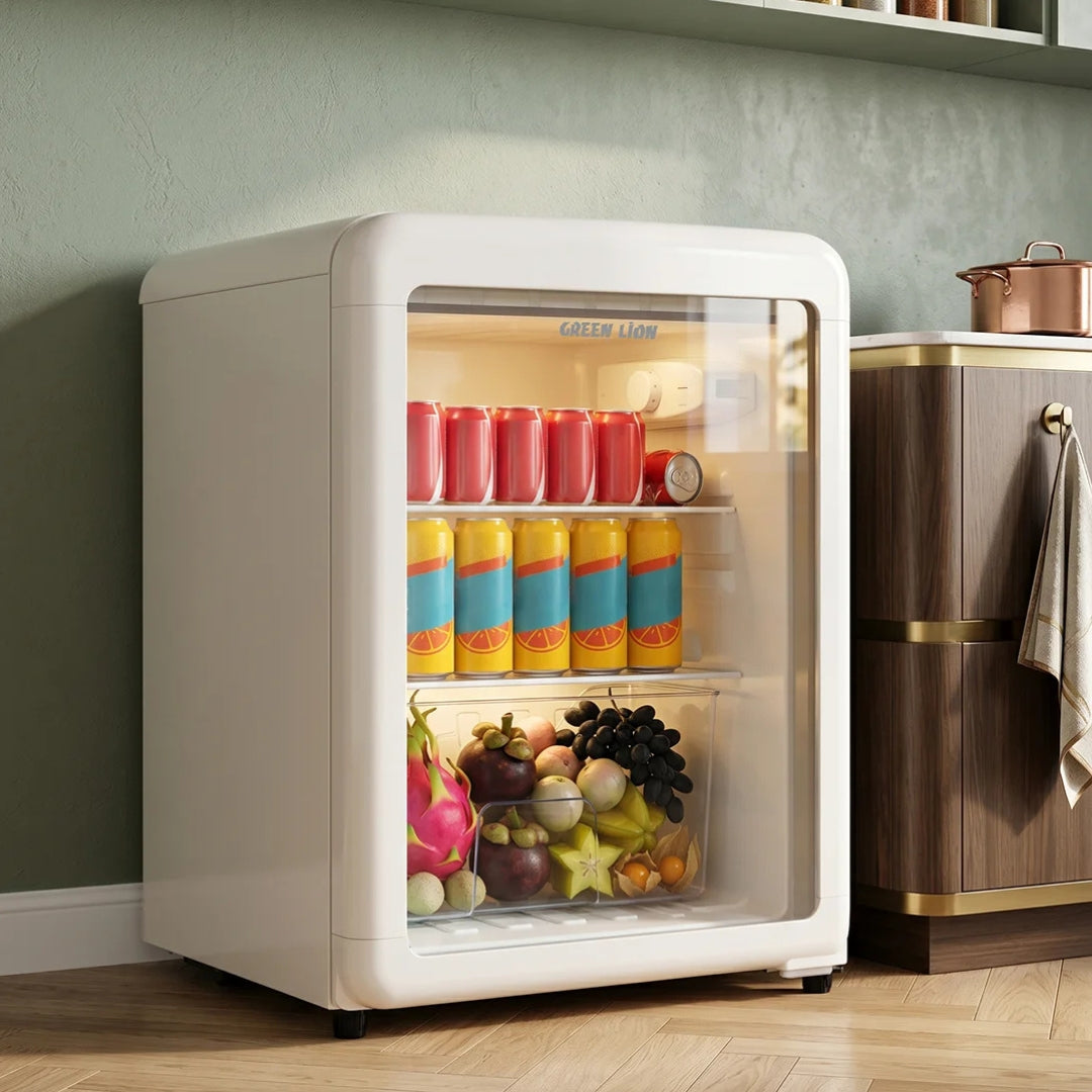 Green Lion Classic 55L Mini Fridge with Tempered Glass Door – White