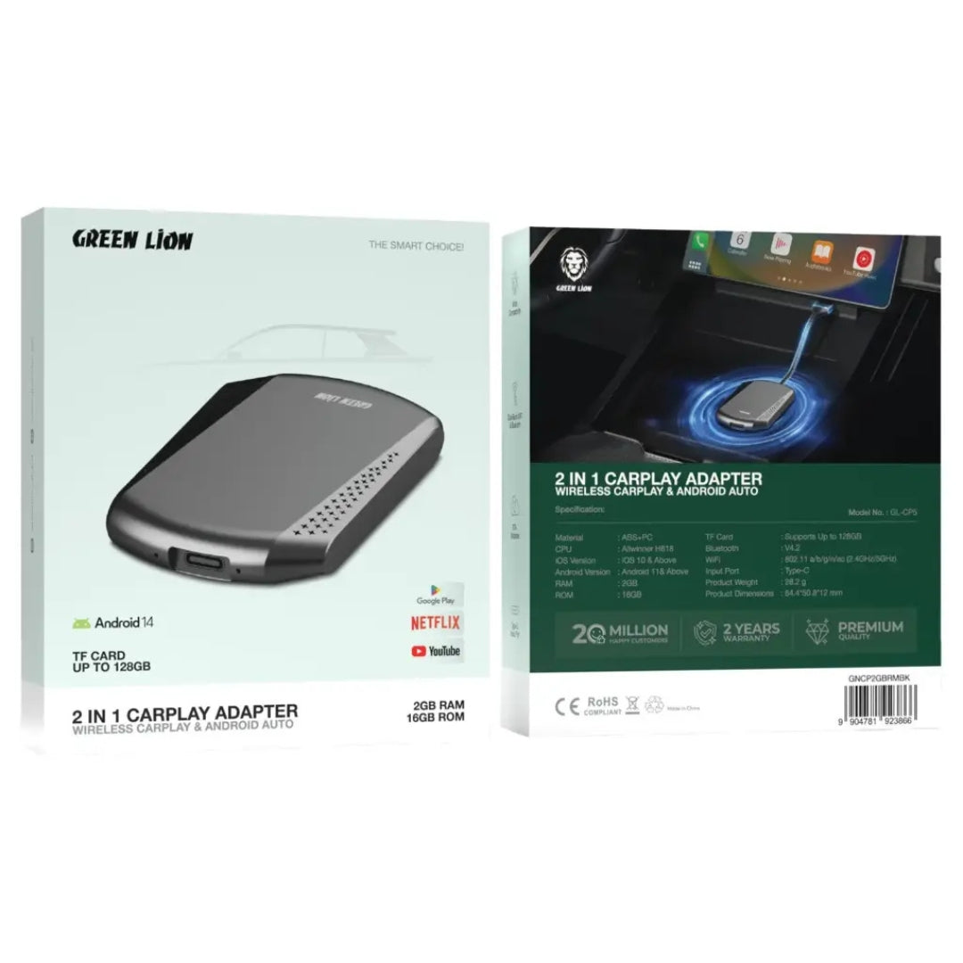 Green Lion 2-in-1 Wireless CarPlay & Android Auto Adapter 2GB RAM 16GB ROM – Black