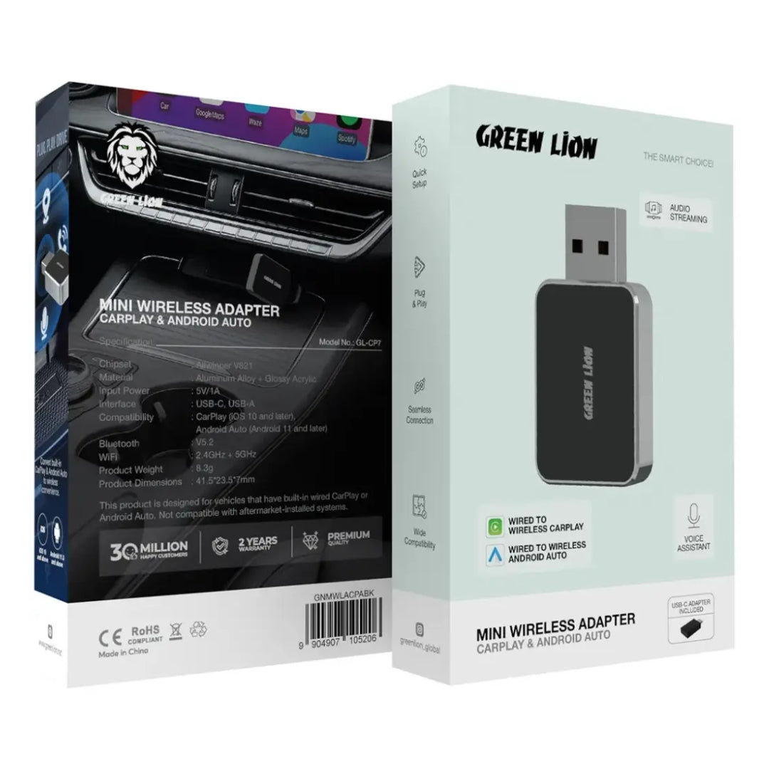 Green Lion Mini Wireless Adapter for CarPlay & Android Auto – Black