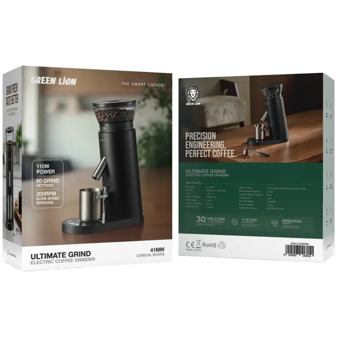Green Lion Ultimate Grind Electric Coffee Grinder with 60 Grind Settings & 41mm Conical Burr – Black