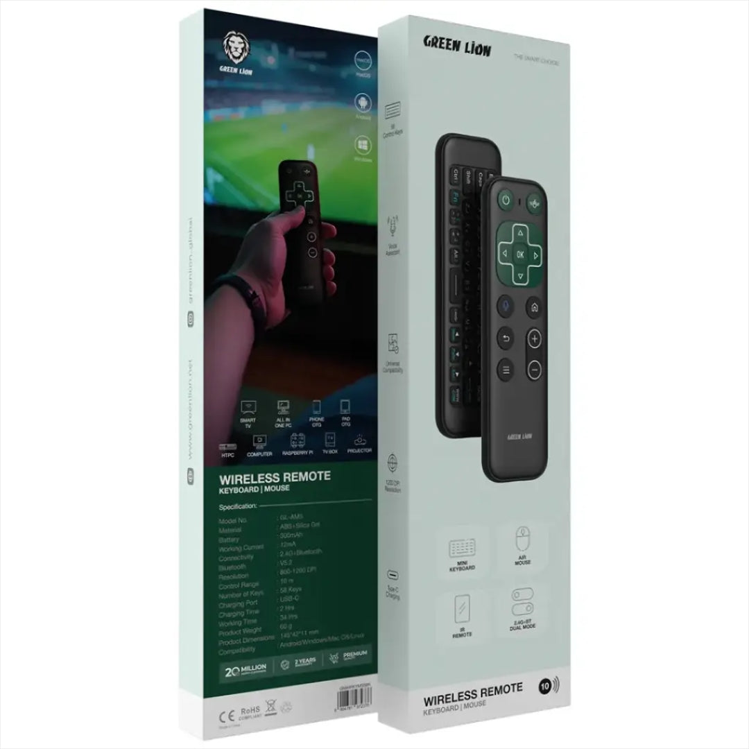 Green Lion Wireless Remote with Keyboard, Air Mouse & Voice Assistant – Black