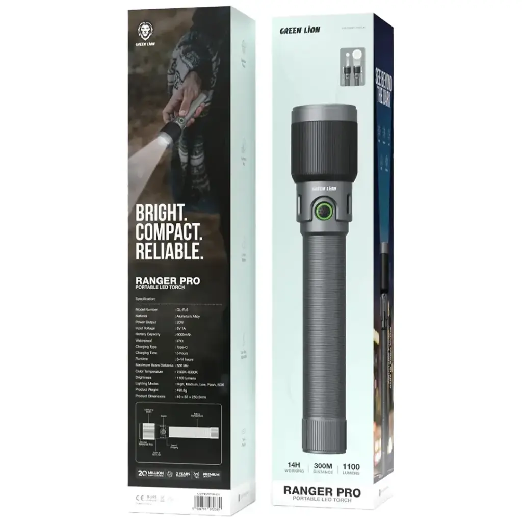 Green Lion Ranger Pro Portable Led Torch 6000 mAh - Gray