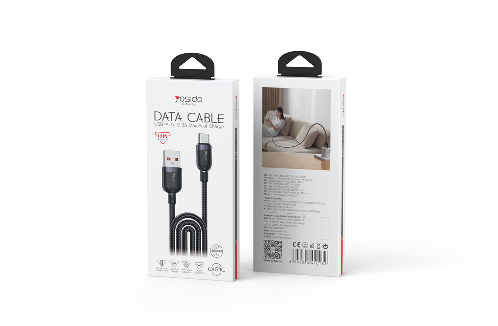 YESIDO CA134C 18W USB-A to Type-C Fast Charging Cable – 3 Meters