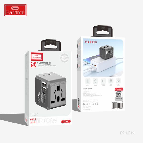 Earldom ES-LC19 1-World Universal Travel Adapter – 3.1A Fast Charging, 1500W Output