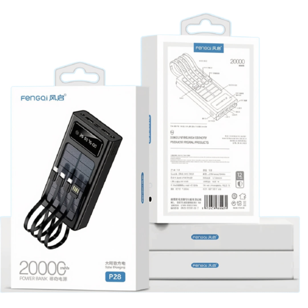 Fengqi 20000mAh Solar Fast Charging Power Bank with Built-In Cables