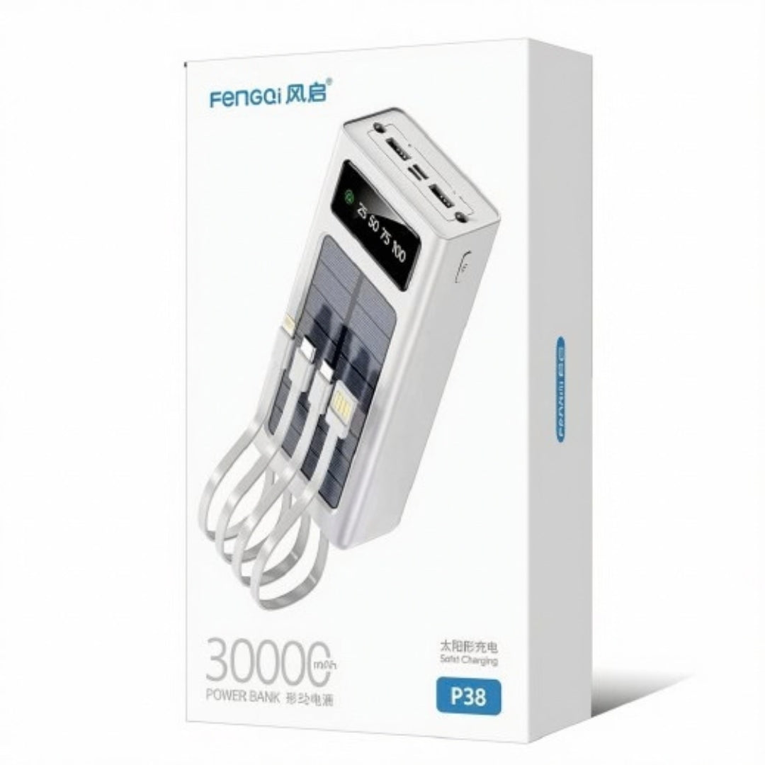 FenGQi P38 30000mAh 4-in-1 Portable Solar Power Bank with Built-In Cables & LED Display - White