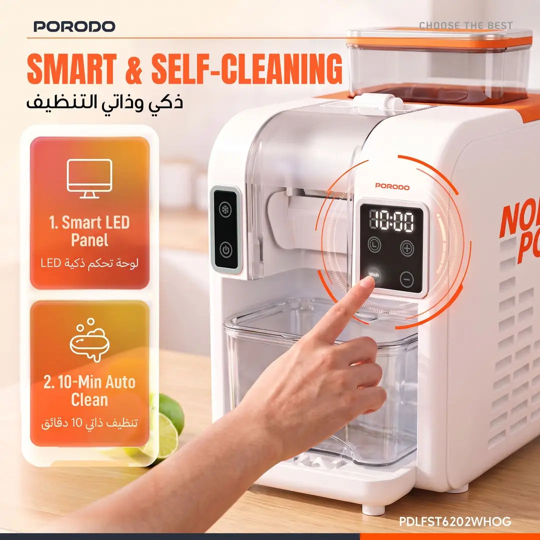 Porodo Lifestyle North Pole Ice Smoothie Machine with 3 Ice Textures – White & Orange