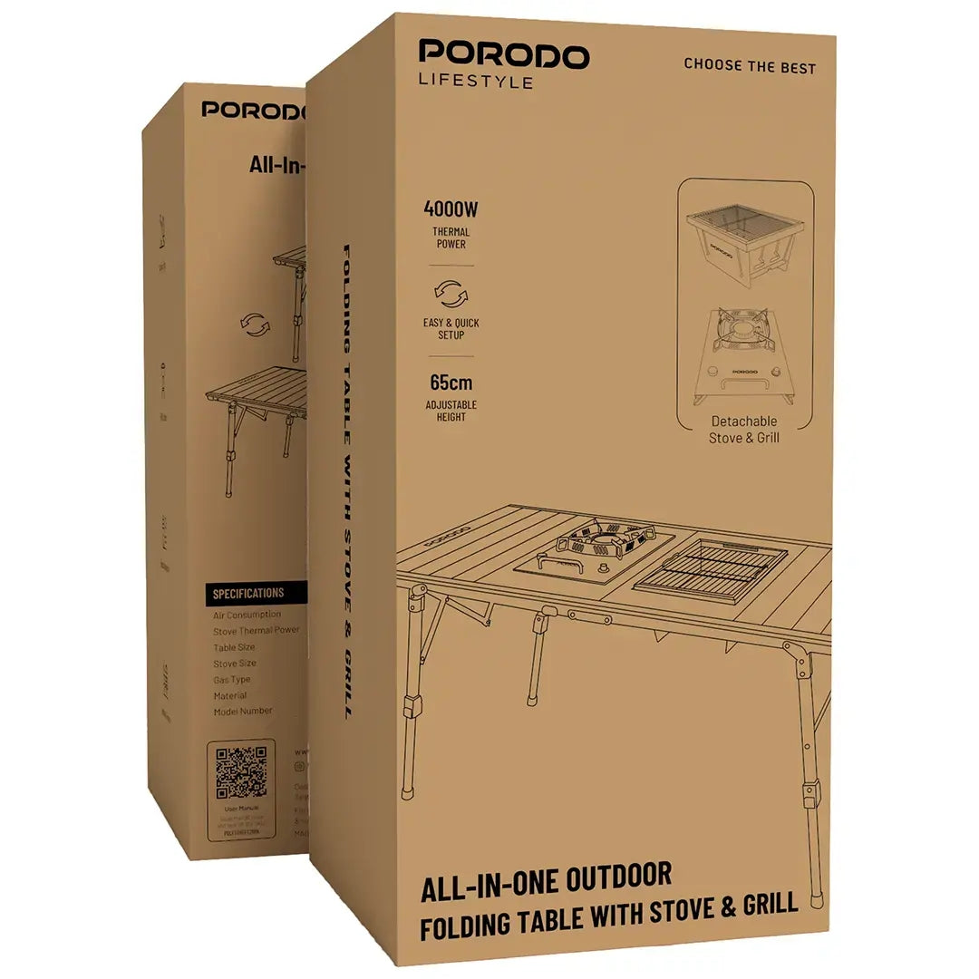 Porodo Lifestyle All-In-One Outdoor Folding Table with Detachable Stove & Grill – Black