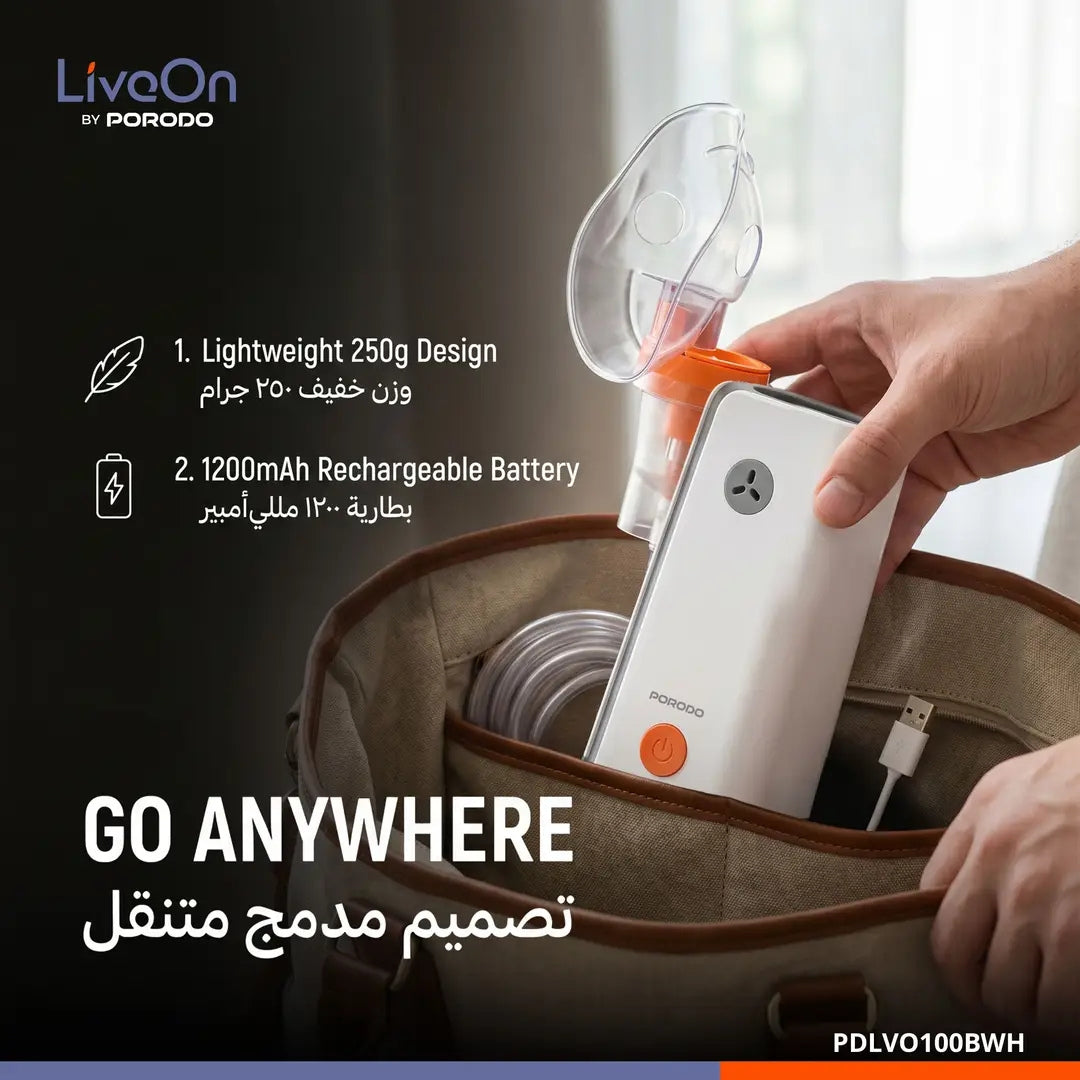 Porodo LiveOn Rechargeable Compressor Nebulizer with 8mL Medicine Cup & Dual-Size Masks – White