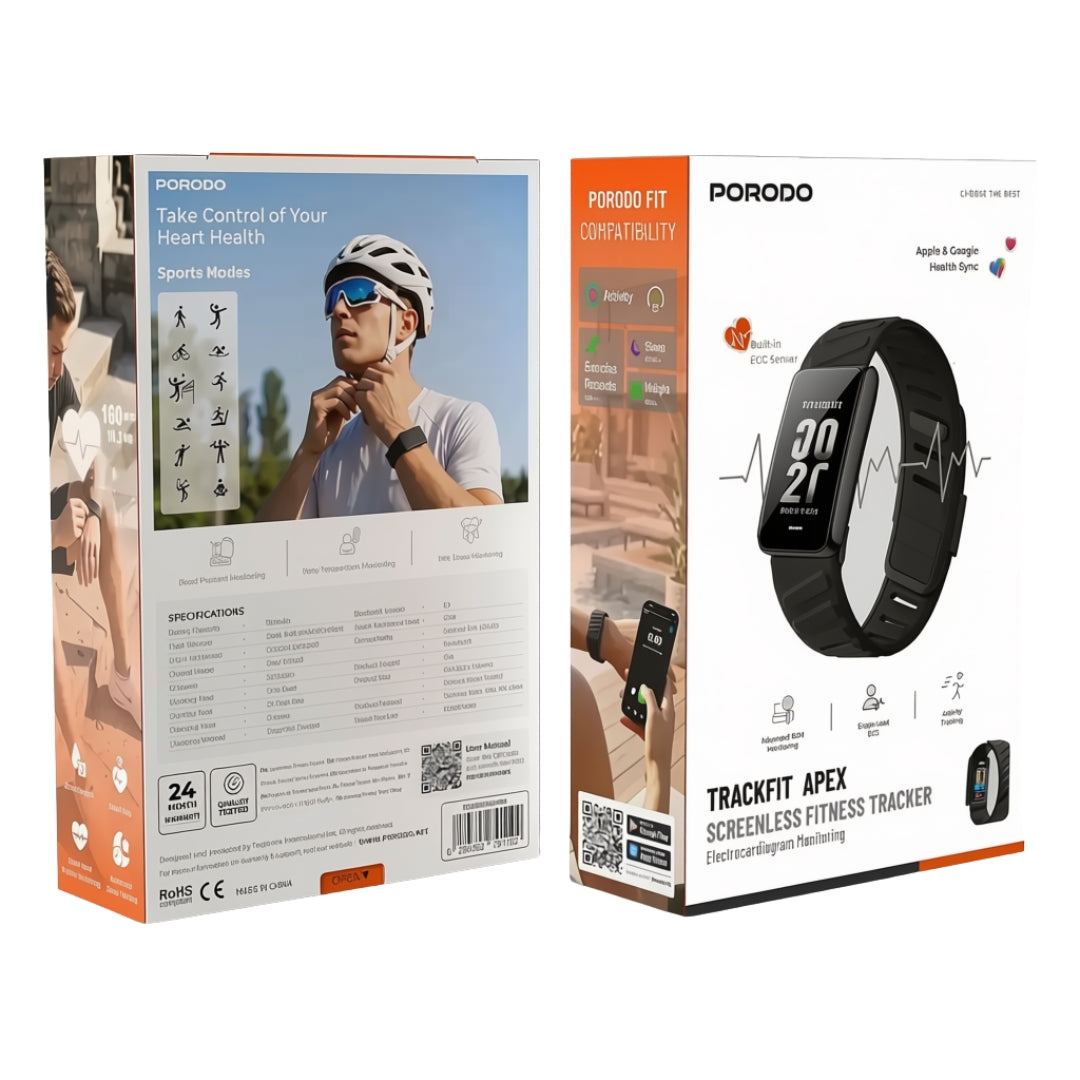 Porodo TrackFit Apex Screenless Fitness Tracker with ECG, HRV & Health Monitoring – Black