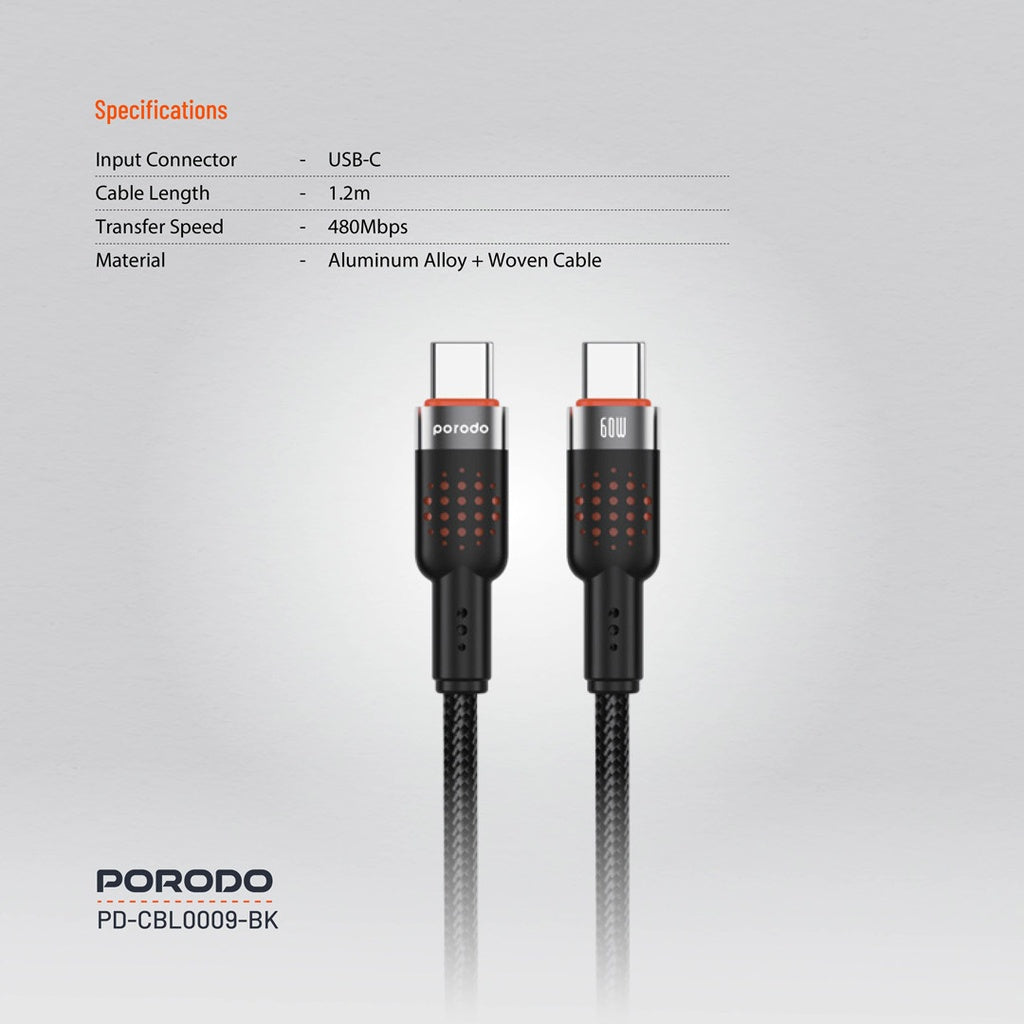 Porodo USB C to USB C Aluminum Braided Fast Charging Cable