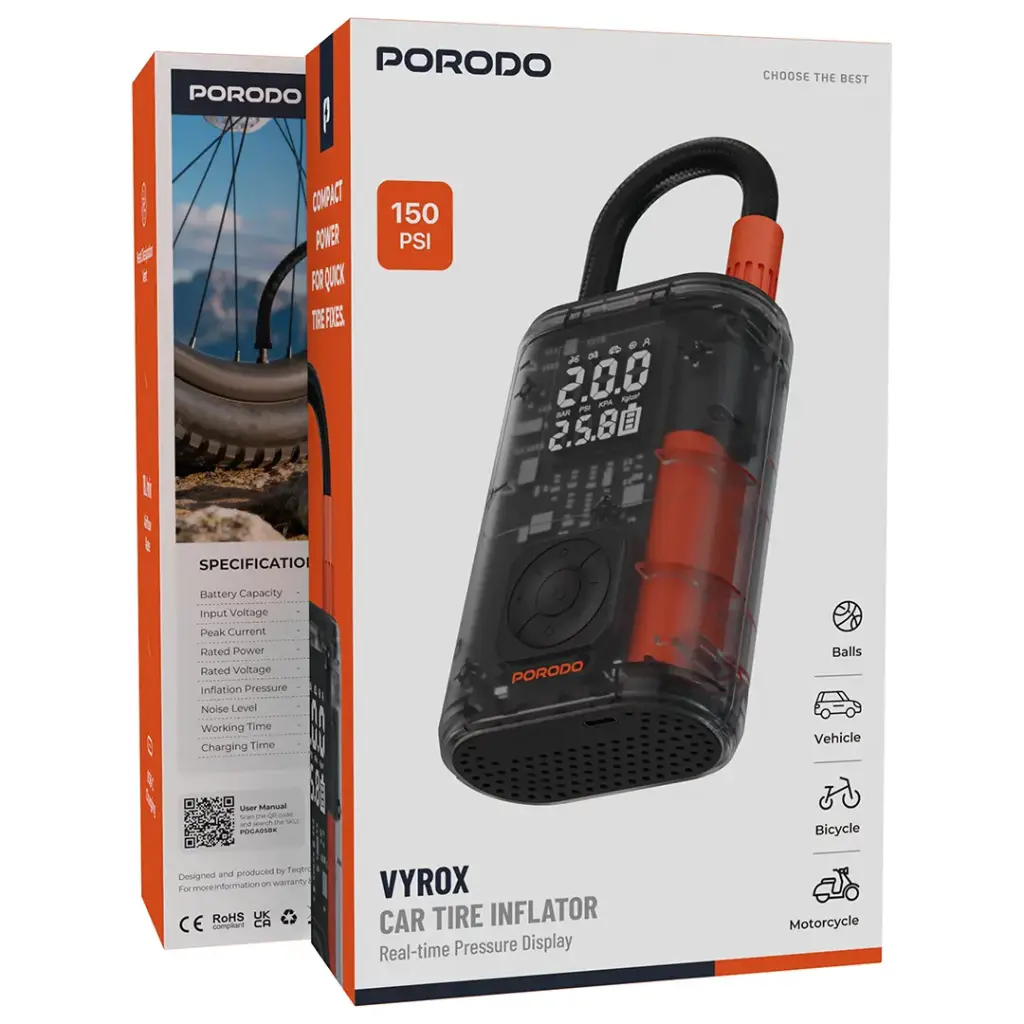 Porodo Vyrox Car Tire Inflator with Digital Pressure Display