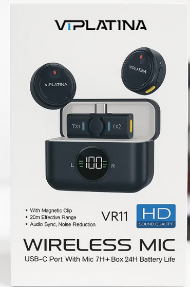 VIPLATINA VR11 Wireless Lavalier Microphone – Dual Mic System with Noise Cancellation & 24H Battery Life