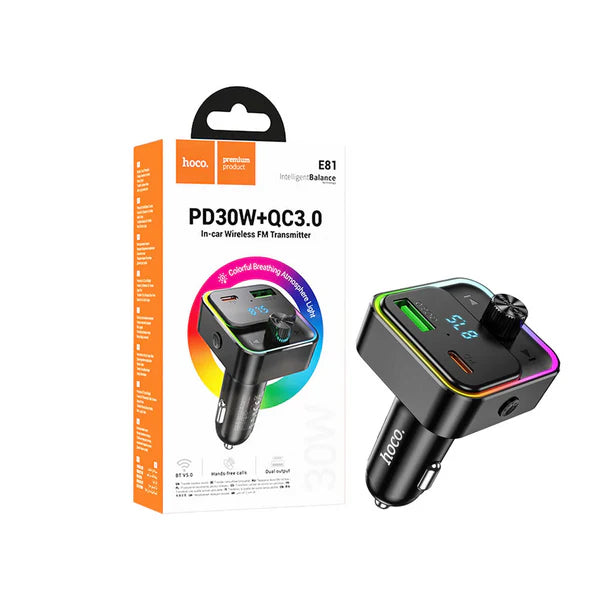 HOCO E81 Fantasy PD30W+QC3.0 Car BT FM Transmitter - Black | Fast Charging & Hands-Free Calling - Saif Al Najmi Kw