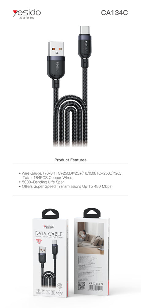 YESIDO CA134C 18W USB-A to Type-C Fast Charging Cable – 3 Meters