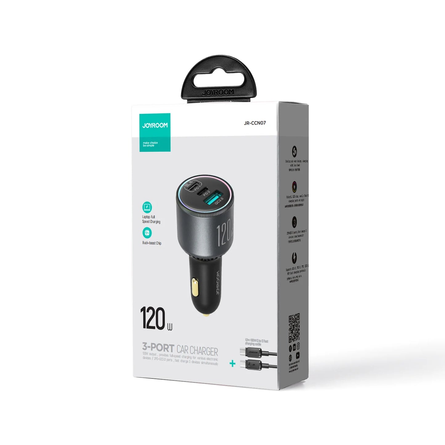 Joyroom 120W Triple Port Car Charger – 2PD + QC3.0 – Dark Gray