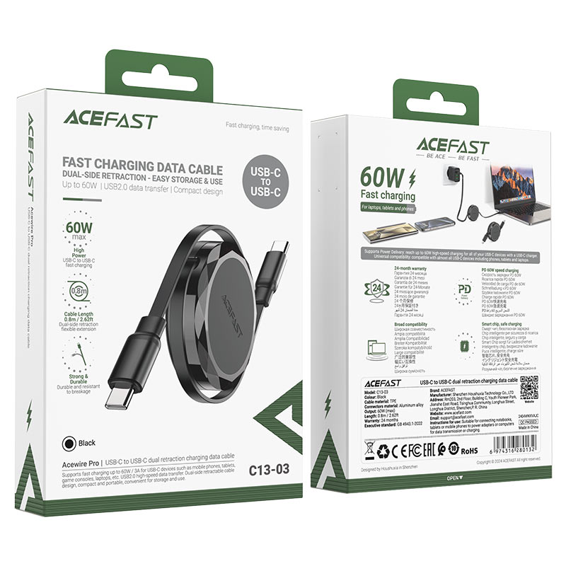 Acefast C13-03 Retractable USB-C Cable – 60W PD Fast Charge | 0.8m