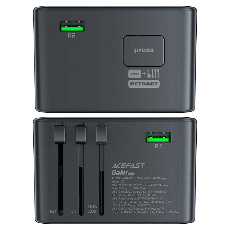 محول شحن Acefast Z1 GaN - 2300 واط + 75 واط PD (3 × USB-C + 2 × USB-A)